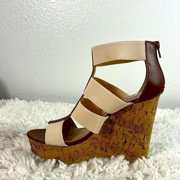 Steve Madden Selinah Cork Wedge Heels Open Toe Elastic Straps Beige Size 7.5 - Picture 5 of 11